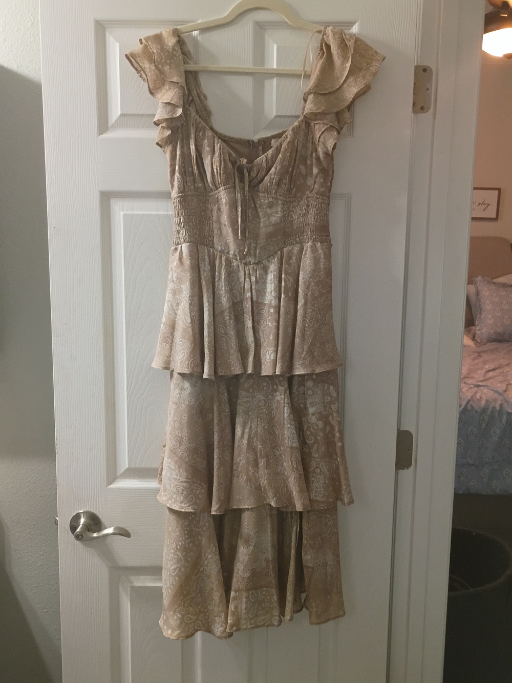 Francesca's Collections Beige Paisley Tiered Ruffle Maxi Dress